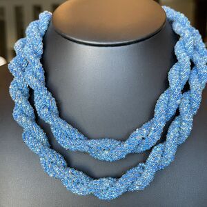 Vintage Two Strand Blue Glass Seed Bead Necklace Twisted Spiral 18” Estate